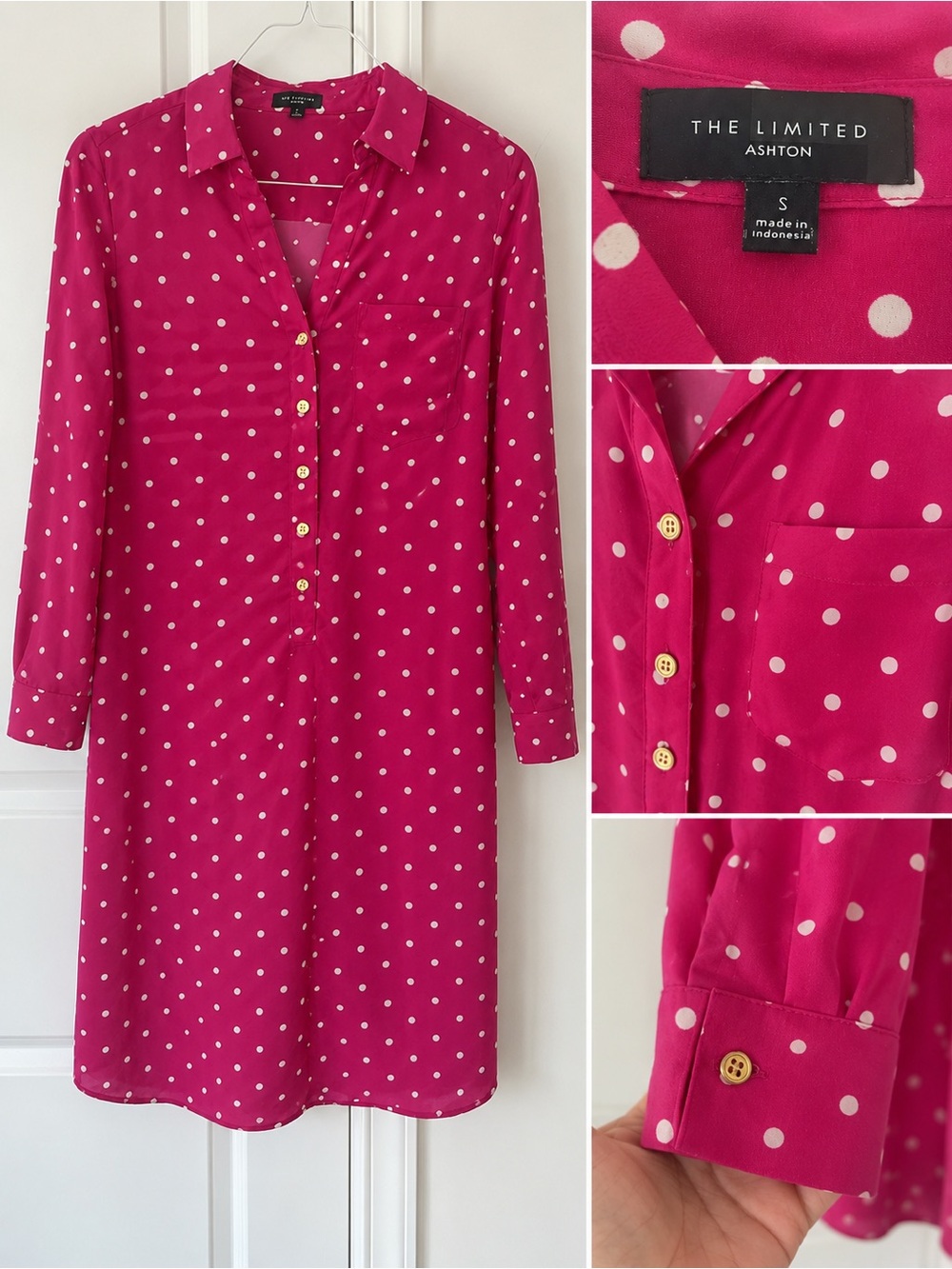 The Limited Pink Polka Dot Ashton Long Sleeve Shirt Dress